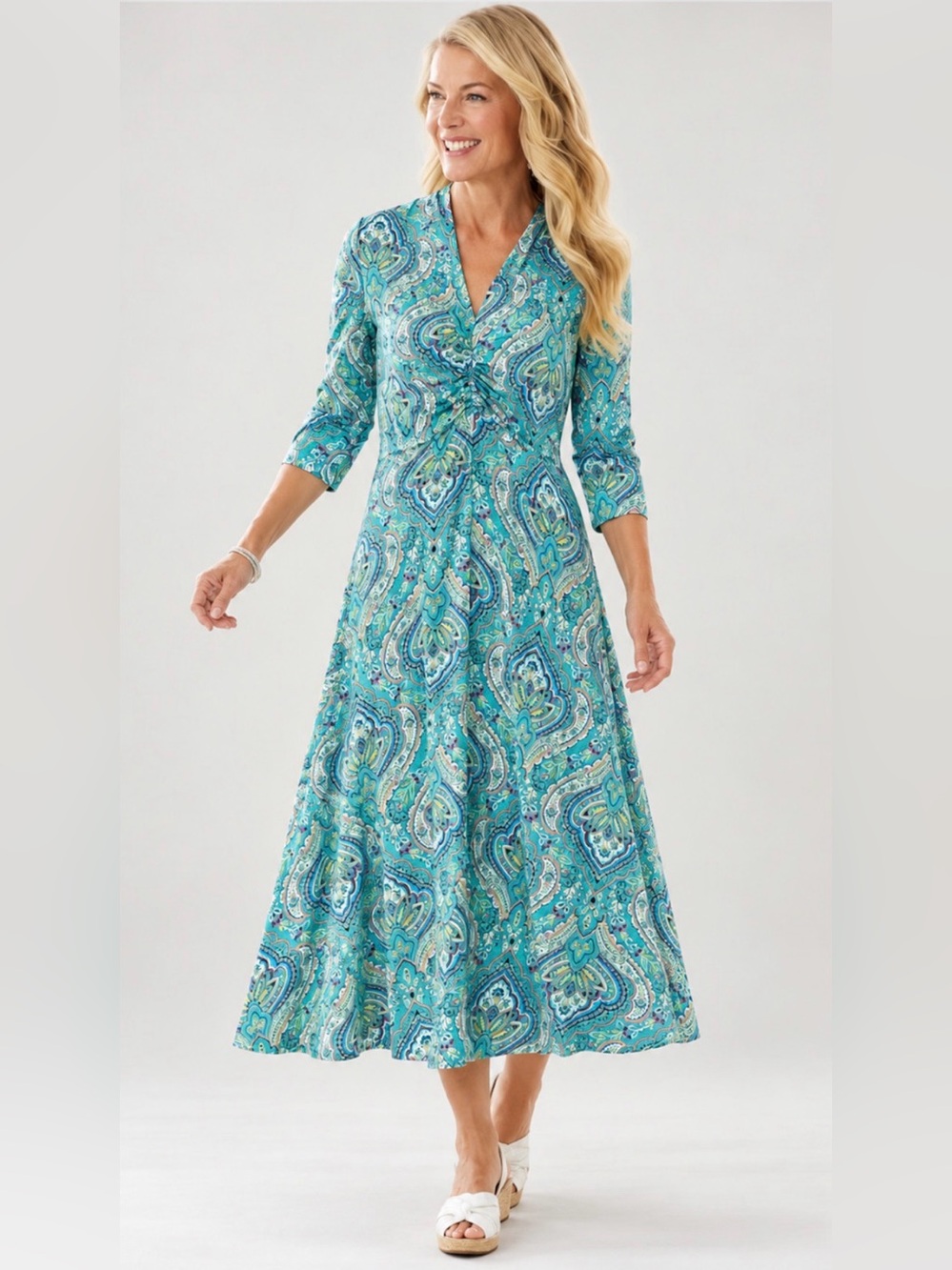 Soft Surroundings Aziza Paisley Midi Dress Aqua Blue Boho NWOT Size 2X